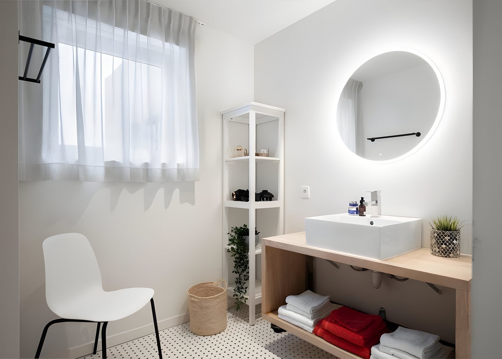 Badezimmer mit rundem Spiegel