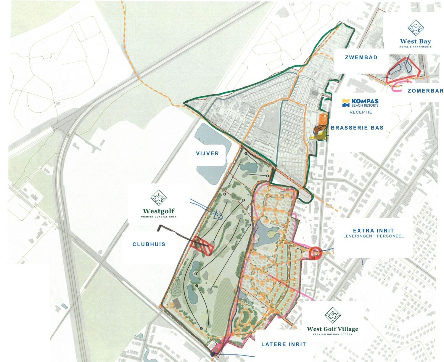 Resortplan Westend Resort met Westgolf, clubhuis, West Golf Village, camping en West Bay
