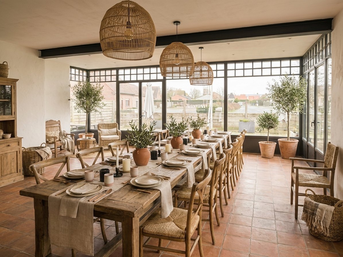 Render van de feesttafel in de veranda van Guesthouse Testerep